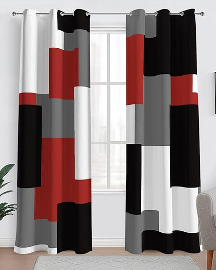 Red Black 100% Blackout Curtains for Bedroom 96 inch Length 2 Panels Set White Grey Modern Abstract Geometric Black Out Curtains Insulated Room Darkening Window Drapes for Living Room, 42Wx96L