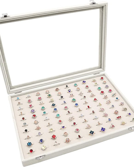 Stratalife Jewelry Organizer Ring Storage Display Tray with Clear Glass Lid Velvet Jewelry Showcase Ring Box for Multiple Rings Drawer Display 100 Slot (Beige)