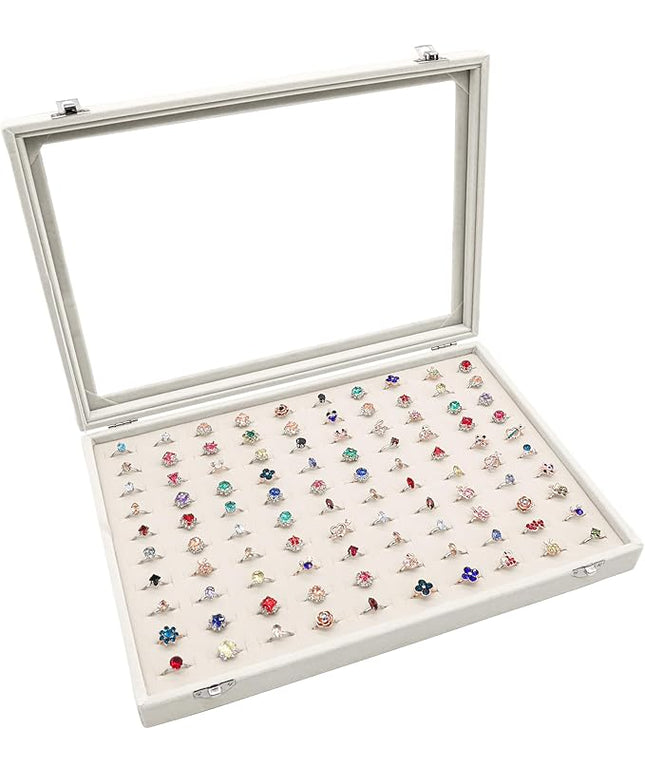 Stratalife Jewelry Organizer Ring Storage Display Tray with Clear Glass Lid Velvet Jewelry Showcase Ring Box for Multiple Rings Drawer Display 100 Slot (Beige)