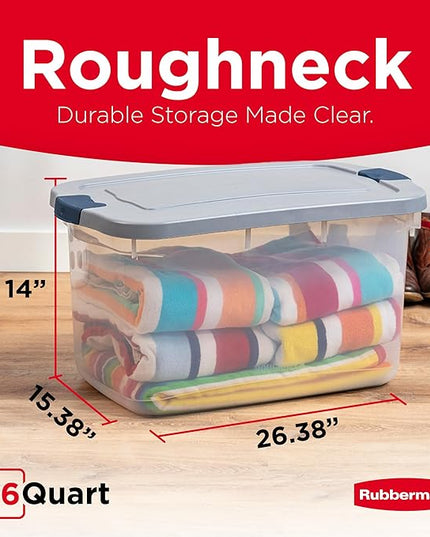 Rubbermaid Roughneck Clear 66 Qt/16.5 Gal Storage Containers, Pack of 4 with Latching Grey Lids, Visible Base, Sturdy and Stackable, Great for Storage and Organization