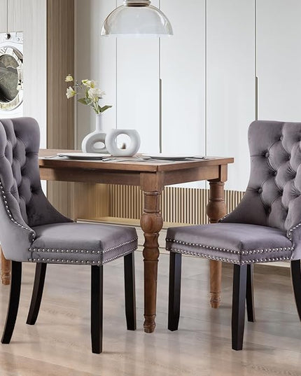 SoarFlash Velvet Dining Chairs Set of 2, Tall Back Side Chair, Modern Upholstered High-end Tufted Side Chair with Button Back Ring, Solid Wood Legs (Gray)