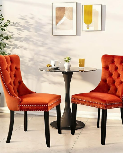 SoarFlash Velvet Dining Chairs Set of 2, Tall Back Side Chair, Modern Upholstered High-end Tufted Side Chair with Button Back Ring, Solid Wood Legs (Orange)