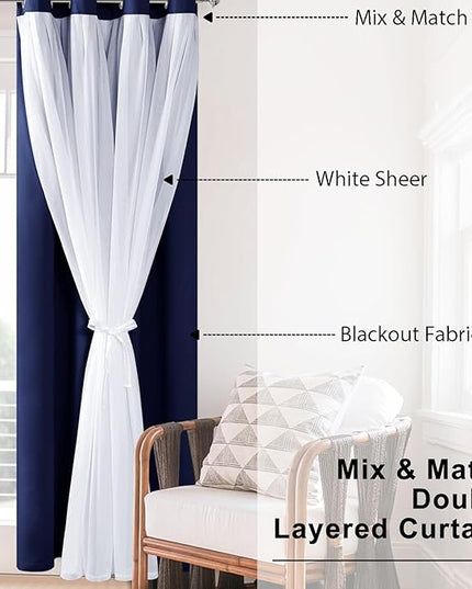 Hiasan Blackout Curtains with White Sheer Overlay, Double Layer Mix & Match Thermal Insulated Grommet Window Curtains for Bedroom, Living Room, 2 Drape Panels with Tiebacks, Navy Blue, 52W X 96L