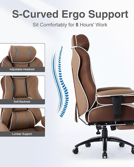 DJ·Wang Big and Tall Office Chair with Foot Rest, High Back Executive Office Chair PU Leather, Ergonomic Chairs with Lumbar Support, 135° Reclining Chairs with Thickened Spring Cushion Brown