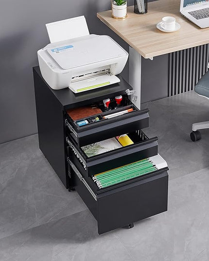 3-Drawer Lockable Mobile File Cabinet – Metal A4/Letter/Legal Size Storage for Home/Office, Pre-Assembled, Space-Saving Under-Desk Cabinet with Wheels (Black)