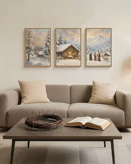 HOURIA Christian Christmas Nativity Framed Canvas Wall Art Set,Religious Mary Joseph & Jesus Christ Biblical Decor,Holy Family Star of Bethlehem Winter Artwork for Living Room,Church,Holiday-16"x24"x3