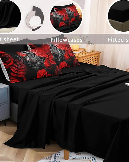 Bedbay Red Rose Leopard Comforter Set 8 Pieces King Size Bed in a Bag Cheetah Bedding Teen Boys Kids Women Adults Men Leopard Bedding Set Wild Animal and Rose Flower King Bed Set (Black,King)