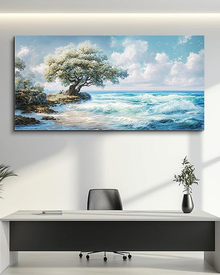 XIGUANGART Large Blue Coastal Wall Art for Living Room Wall Decor for Bedroom Beach Sunset Ocean Waves Nature Seascape Pictures Trees on Rock Scenery Canvas Print Artwork Painting for Bathroom Office