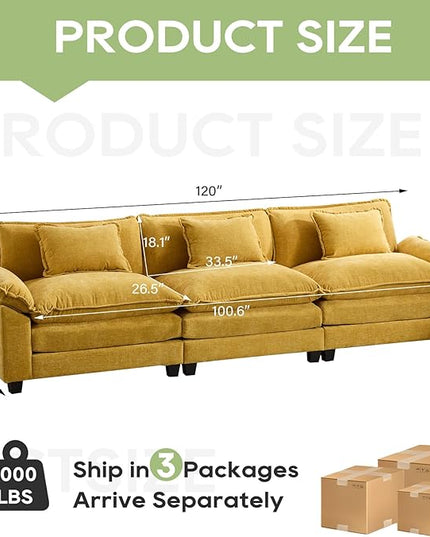 120" Modular Sectional Sofa, Comfy Cloud Couch Sectional Sofa, Chenille Sofa Sleeper Deep Seat Sofa with Throw Pillows for Living Room (Yellow, 120"- 3 Seater)