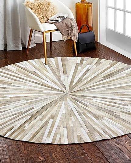 Premium Cowhide Leather Hand Made Stripes Patterned Round Area Rug - 10X10 ft - Beige, Premium Hand Made House Carpet for Living Room, Bedroom, Entryway
