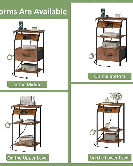 JAXPETY Nightstands Set of 2, Night Stand with Drawer Shelf and Charging Station, Storage End Table, Bedside Table for Bedroom Living Room Sofa, Rustic Brown