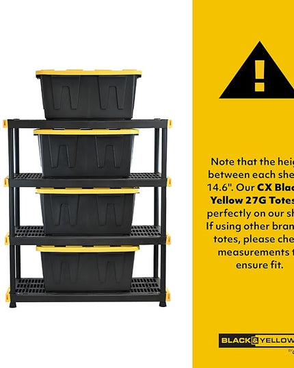 CX Black & Yellow, 4-Tier Heavy Duty Plastic Storage Shelving Unit, 200lbs/shelf (55"H x 48"W x 20"D), for Garage Tools, Basement & Outdoor Organization, Modular Rack