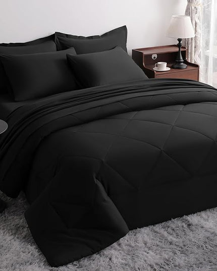 NTBAY King Comforter Set with Sheets, 7 Pieces Soft and Breathable King Bedding Set, Bed in a Bag, Down Alternative Comforter Set Solid Color All Season, King Bedding Set, Black