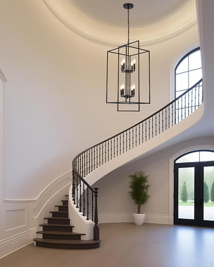 Black Farmhouse Chandelier, Extra Large Tiered Lantern Pendant Light 15.75" Entryway Light Fixture, Industrial Staircase Chandelier for Foyer Entryway Hallway, Lacquered Black(8 Lights)