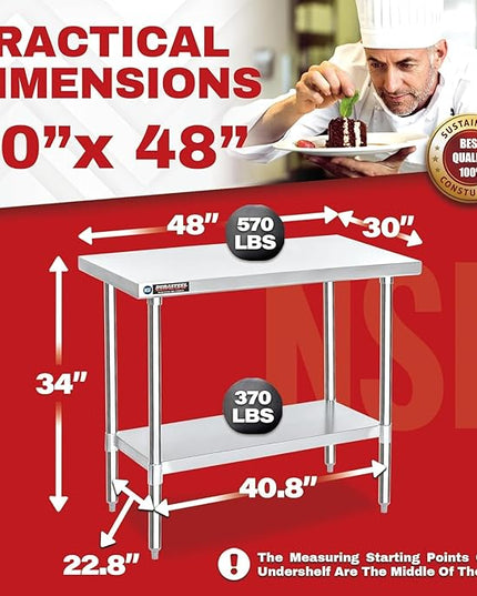 DuraSteel 30x48 Stainless Steel Work Table - NSF Commercial Prep Metal Table - Outdoor Pizza Oven Stand w/Under Shelf - Kitchen Island Laundry Utility Garage Microwave Stand Large Rolling Storage Cart