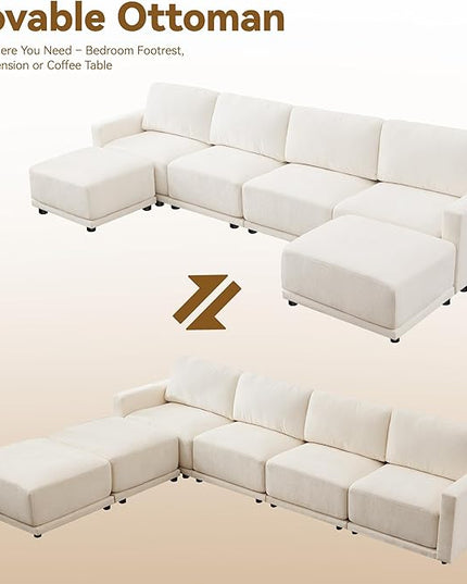 110.6" L Shaped Modular Sectional Sofa Modern Chenille Comfy Couch with Thickened Seat Cushions, Easy Assembly, Upholstered 4 Seater Couch with Movable Ottoman for Living Room, White