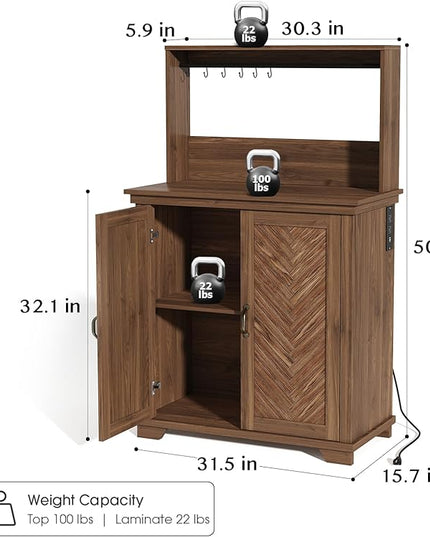 Farmhouse Coffee Bar Cabinet with Storage,31.5" Kitchen Cabinet with Hooks and Charging Station,Coffee Station with Adjustable Shelf and Hutch,Sideboard for Living Dining Room