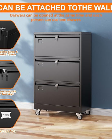 METAN Upgrade 3 Drawers Lateral File Cabinet on Wheels,Steel Office Filing Storage Cabinet with 3 Locks,Assembly Required,Black