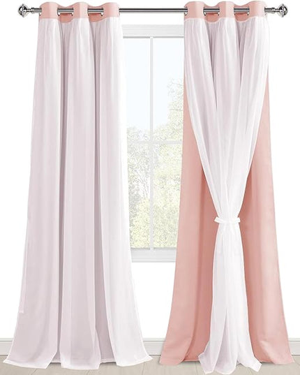 Hiasan Pink Blackout Curtains with Sheer Overlay Thermal Insulated Mix & Match Double Layer Room Darkening Window Curtains for Bedroom Living Room Nursery 2 Panels with Tiebacks (42W X 96L,Blush Pink)