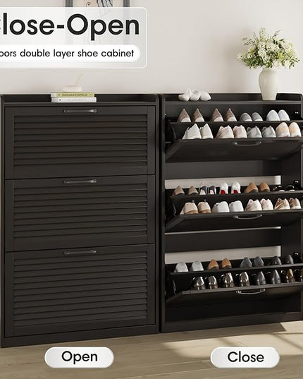Maupvit Shoe Storage Cabinet with 3 Flip Louvered Doors, Freestanding Organizer with Metal Hinges, Shoe Cabinet for Entryway, Narrow Shoe Rack Cabinet, Black