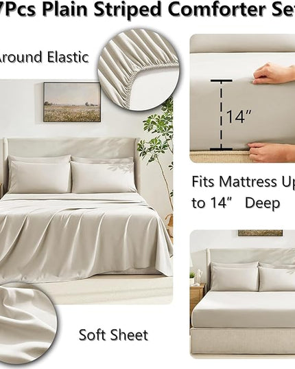 CozyLux King Size Comforter Set Oatmeal, 7 Pieces Bed in a Bag, Oatmeal Comforter King Size, All Season Bedding Sets with Stitch Quilted Comforter, Flat Sheet, Fitted Sheet, Pillowcases