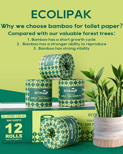 ECOLipak Bamboo Toilet Paper 3 Ply, Septic Safe Toilet Tissue, 12 Double Rolls, 320 Sheets Per Roll, Tree Free, Non Toxic, Soft and Absorbent, Eco Friendly Dye-Free Paper, Brown