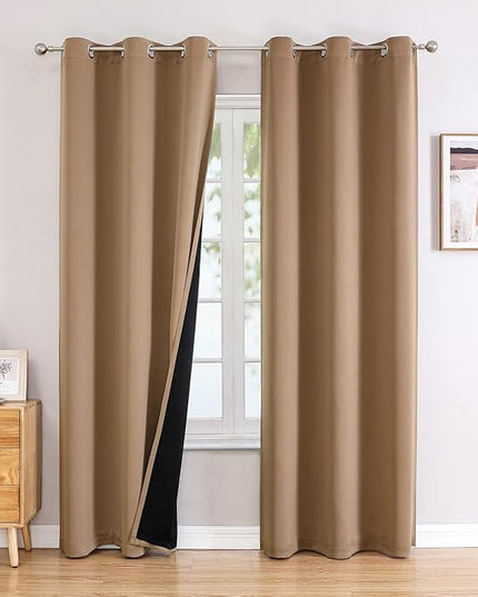 ChrisDowa 100% Blackout Curtains for Bedroom with Black Liner, 2 Thick Layers Total Blackout Thermal Insulated Grommet Window Curtains 2 Panels Set (Cappuccino, 42 x 84 Inch)