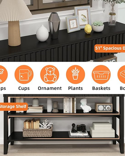 LAZZO Painted Wood Console Table Narrow Long Modern Fluted Entryway Table Behind Sofa Couch with 3 Drawers and 2-Tier Storage Shelf for Living Room, Foyer and Hallway (Black, 2 Tiers)