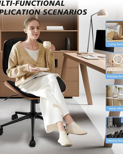 Armless Desk Chair with 360°Swivel Wheels, Ergonomic Adjustable Height Computer Chair for Home Office,PU Leather with Modern Walnut Drafting Chairs for Office, Reading Nook(Black)