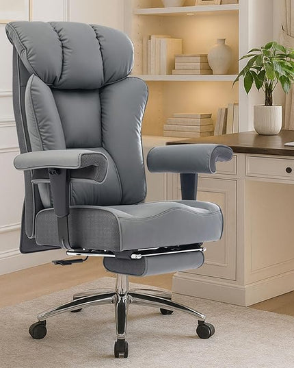 Efomao Big and Tall Office Chair 450LBS with Foot Rest, High Back PU Leather Executive Chair with Adjustable Padded Armrests, Lumbar Support for Home or Work, Heavy Duty Computer Chair, Grey