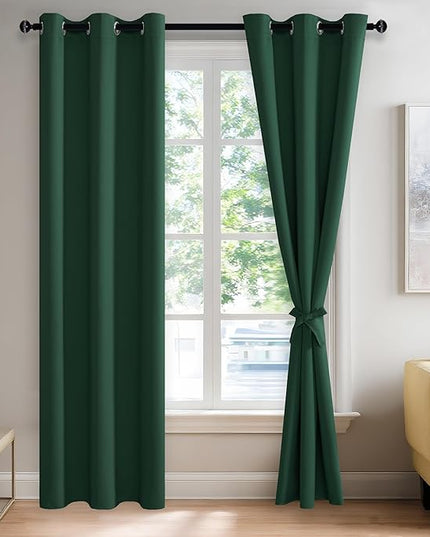 JIUZHEN Forest Green Blackout Curtains with Tiebacks, Light Blocking and Noise Reducing Grommet Curtains for Bedroom and Living Room, Set of 2 Window Curtain Panels, 42 x 84 Inch Length