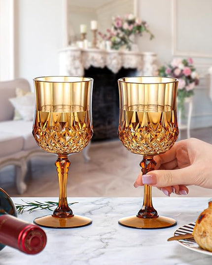 XUWAIDSGN 7oz Plastic Vintage Wine Glasses Drinking Glasses Unbreakable Wedding Glassware Crystal Water Goblets Reusable Drinkware Vintage Champagne Flutes (48, Brown)