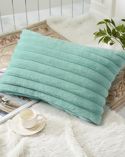 decorUhome Faux Fur Spring Throw Pillow Covers 12x20 Set of 2, Decorative Soft Plush Striped Lumbar Neutral Couch Euro Pillow Covers with Velvet Back for Sofa, Bed, Living Room Home Decor, Aqua