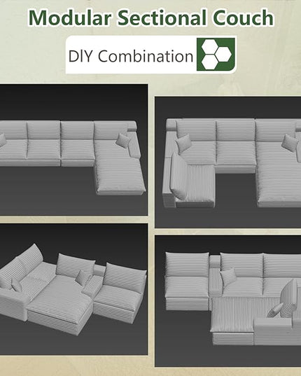 136" Cloud Couch Modular Sectional Sofa for Living Room, L-Shape Boneless Couch with Deep Seat, Modern Corduroy 4-Seater, No Assembly Required (Green,Right-Facing Chaise)