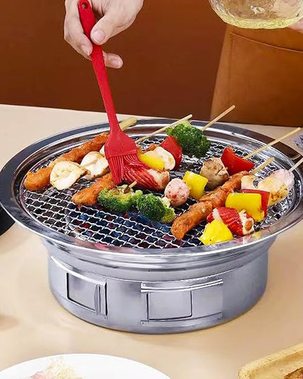 Portable Korean Style Stainless-Steel Barbecue Grill, Charcoal BBQ Round Grill Stove for Outdoor Camping, Picnicking & Parties 1~4 People, 13.8" DIA