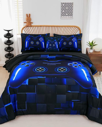 PERFEMET 6 Pieces Kids Game Comforter Set Full Size Blue Gamer Bedding Set for Boys Teen 3D Cool Black Video Gaming Bed in A Bag with Sheets(Blue, Full)