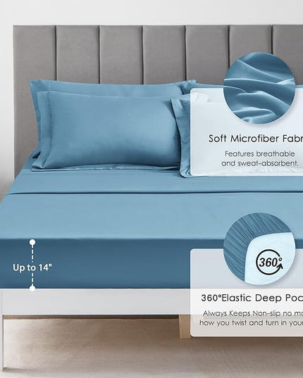 Love's cabin Queen Comforter Set Misty Blue, 7 Pieces Queen Bed in a Bag, All Season Bedding Sets with 1 Comforter, 1 Flat Sheet, 1 Fitted Sheet, 2 Pillowcase and 2 Pillow Sham