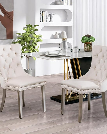 SoarFlash Velvet Dining Chairs Set of 2, Tall Back Side Chair, Modern Upholstered High-end Tufted Side Chair with Button Back Ring, Silver Plated Legs (Beige)