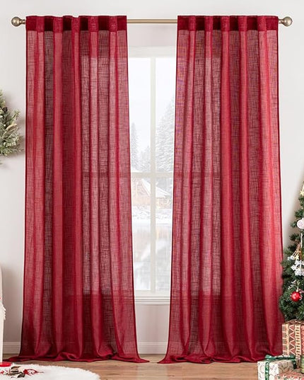 MIULEE Burgundy Red Linen Curtains 84 Inch Length for Bedroom Living Room, Soft Thick Linen Textured Window Drapes Semi Sheer Light Filtering Back Tab Rod Pocket Burlap Look Christmas Decor, 2 Panels