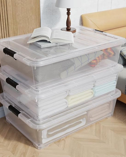 50 Quart Multipurpose Under Bed Storage Container Bins with Secure Latch Lid & Wheels, Underbed Storage Organizer Box, 3-Pack, Clear