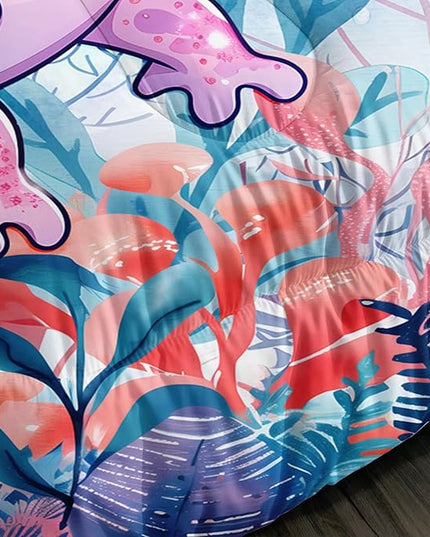 Cute Axolotl Bedding Set Twin Size,Color Axolotl Waterweed Jellyfish Pattern Toddler Bed Comforter Set,Kawaii Ocean Life Bedding Sets for Kids Boys Girls Room Decor with 2 Pillowcases.
