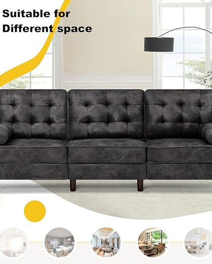 84" Suede Leather 3 Seater Sofa with Two Bolster Pillows, Tufted Sofa with Wooden Legs, Mordern Couch for Living Room, Office, Apartment, Black