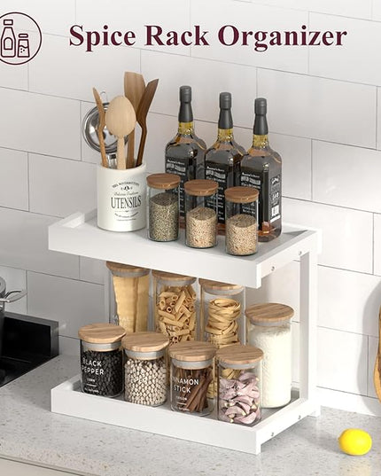 MARTY 2 Tier 15.75"x8.9" Large Countertop Shelf Organizer Spice Rack, Coffee Station Organizer for Mugs Cups, Wooden Shelf Desktop Storage Organizer for Kitchen Bathroom Home Office (White)
