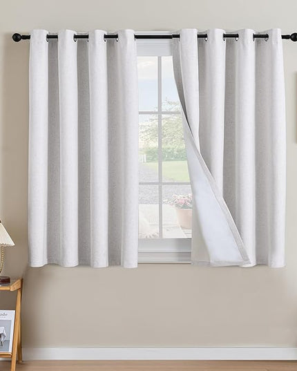 H.VERSAILTEX Linen Curtains 100% Blackout Curtains for Bedroom 45 inch Long Full Light Blocking Nature Linen Blended Window Curtains for Living Room Nickel Grommet (2 Panels, Heathered White)