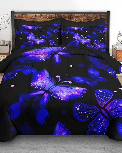 Comforter Set Queen Size, Purple Blue Galaxy 7 Pcs Bedding for Kids and Adults, Butterfly Flower Summer Bed Sheet Sets with Fitted Sheet 2 Pillowcases & 2 Shams for Bedroom Bed Decor