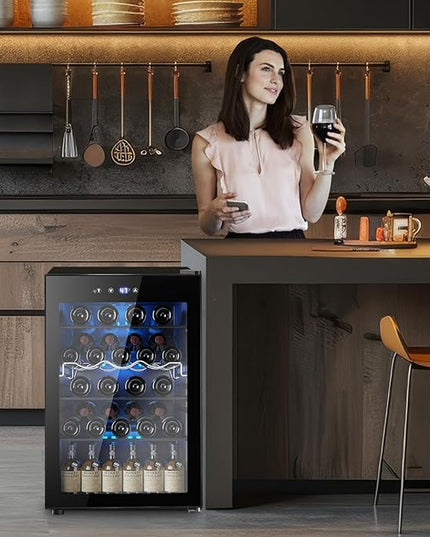 37 Bottle Wine Fridge,Freestanding 145 Can Beverage Refrigerator with Smart Temperature Control，4.5 CU FT Quiet Mini Fridge with Child Lock Panel for Family Restaurant Bar, Black
