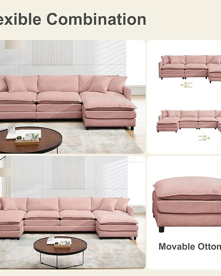Modular Sectional Sofa,143.31'' Modern Sofa Sleeper Couch,Comfy Cloud Couches with 4 Seat & 2 Ottoman & 4 Pillows Sofa Set,Deep Seat Sofa with Movable Ottoman for Living Room,Chenille (Pink, U shaped)