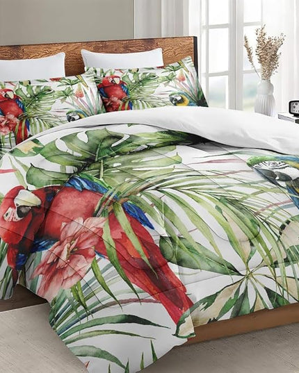 Twin Size Comforter Set with Pillowcase, Tropical Hibiscus Birds 2 Pcs Bedding for Kids and Adults, Flower Palm Leaf Soft Comforter Set for Bedroom Bed Decor