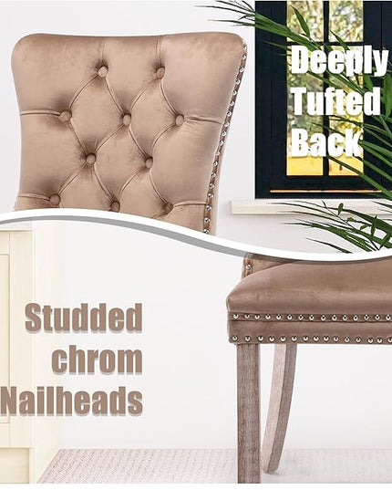 SoarFlash Velvet Dining Chair Set of 8, Upholstered Tufted Dining Room Chair with Nailhead Trim and Solid Wood Leg for Kitchen (Khaki)