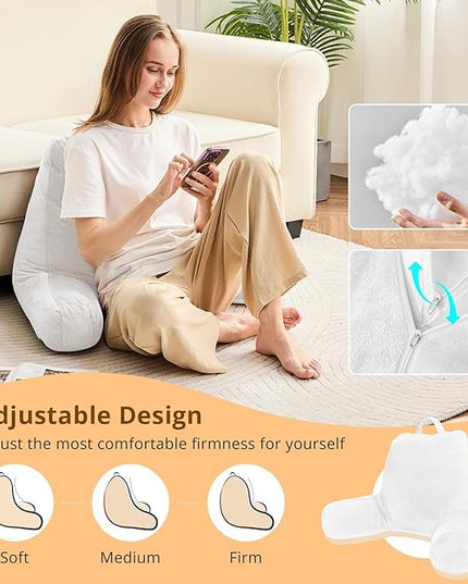 Sasttie Reading Pillow, Velvet Back Pillow for Bed Sitting Up, Adult Back-Rest Support Cushion with Arms for Sit Up on Couch, Sofa, and Floor, Dorm Essentials, Reading Accessories, White
